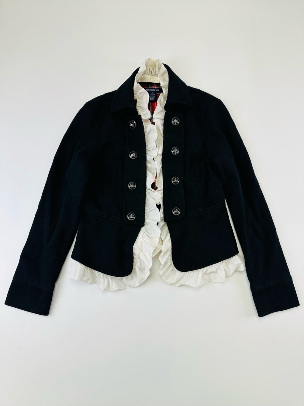Boston Proper Black Military Blazer Jacket XS Ruffle Plaid Statement peplum